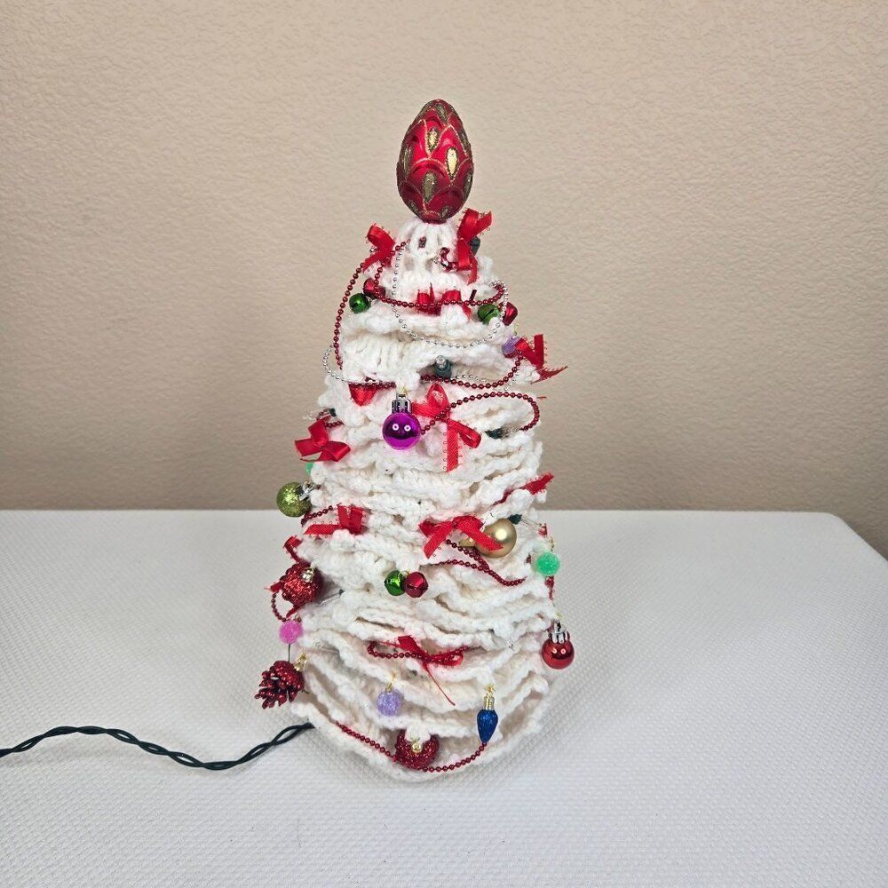 Vintage 80s Crochet Handmade White Christmas Tree Red Ribbons Ornaments Lights U